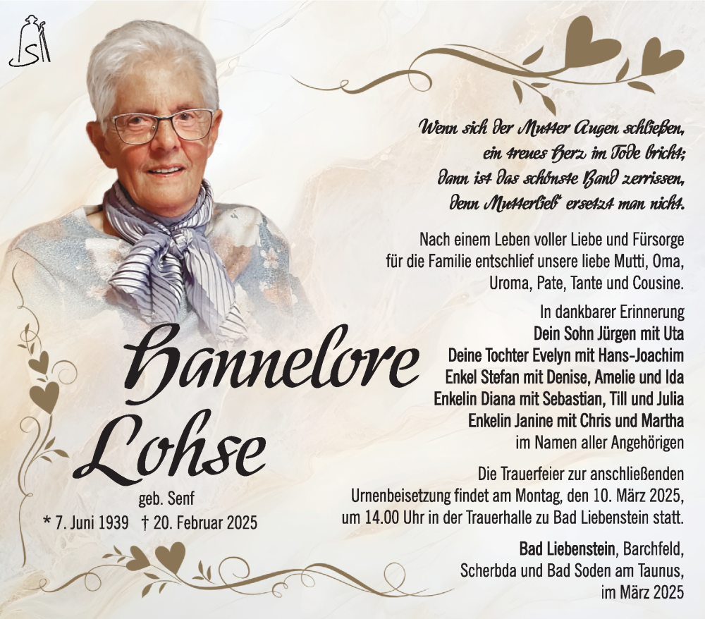  Traueranzeige für Hannelore Lohse vom 06.03.2025 aus Südthüringer Presse