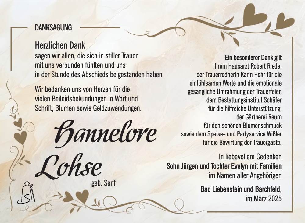 Traueranzeige für Hannelore Lohse vom 21.03.2025 aus Südthüringer Presse