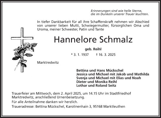 Traueranzeige von Hannelore Schmalz von Frankenpost