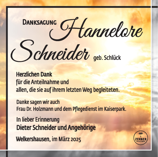 Traueranzeige von Hannelore Schneider von Südthüringer Presse