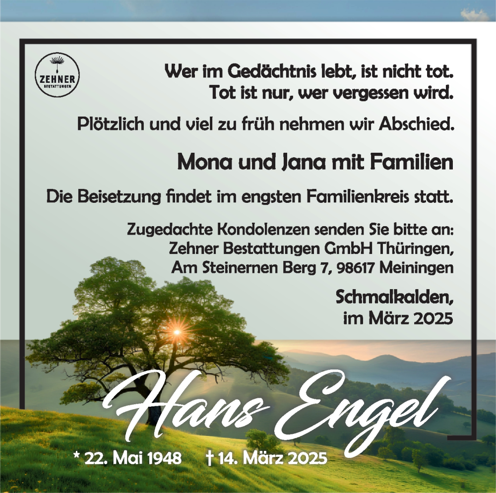  Traueranzeige für Hans Engel vom 27.03.2025 aus Südthüringer Presse