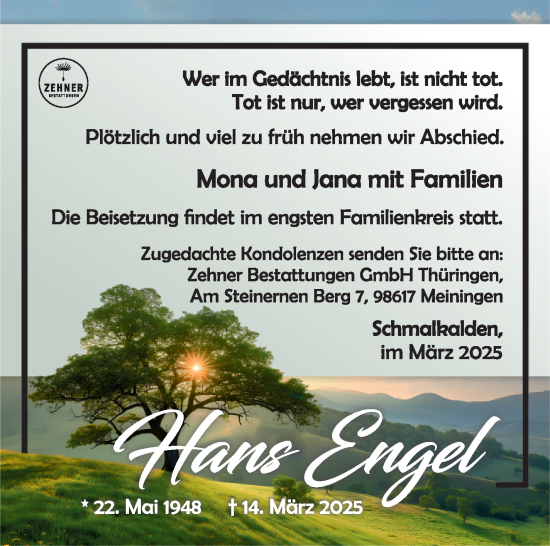 Traueranzeige von Hans Engel von Südthüringer Presse