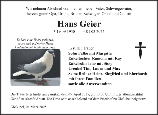 Traueranzeige von Hans Geier von Südthüringer Presse