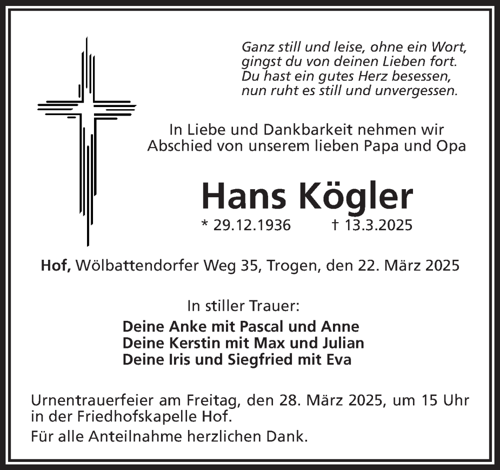  Traueranzeige für Hans Kögler vom 22.03.2025 aus Frankenpost