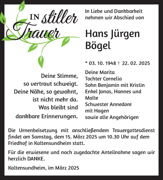Traueranzeige von Hans Jürgen Bögel von Südthüringer Presse