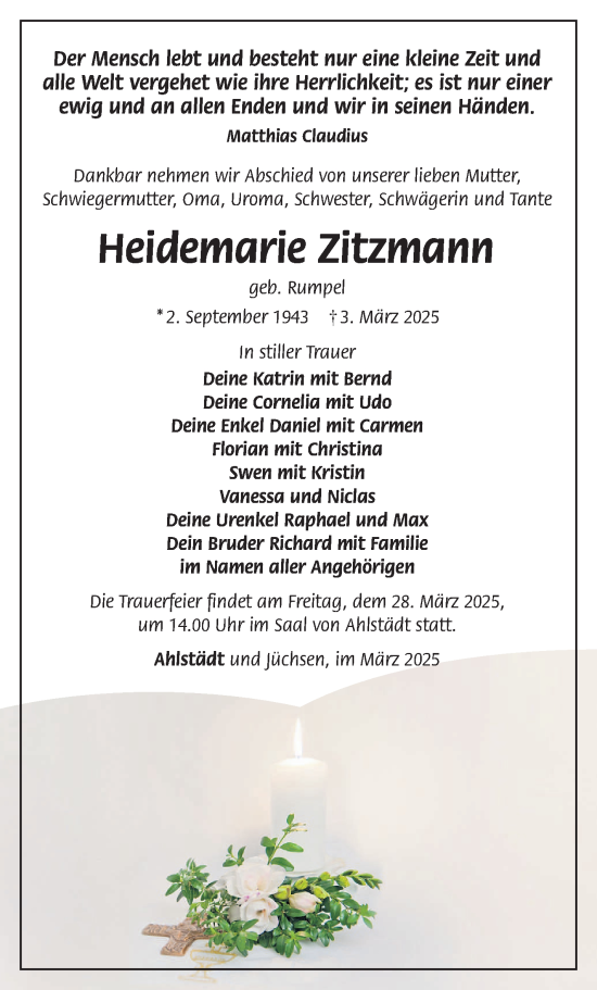 Traueranzeige von Heidemarie Zitzmann von Südthüringer Presse