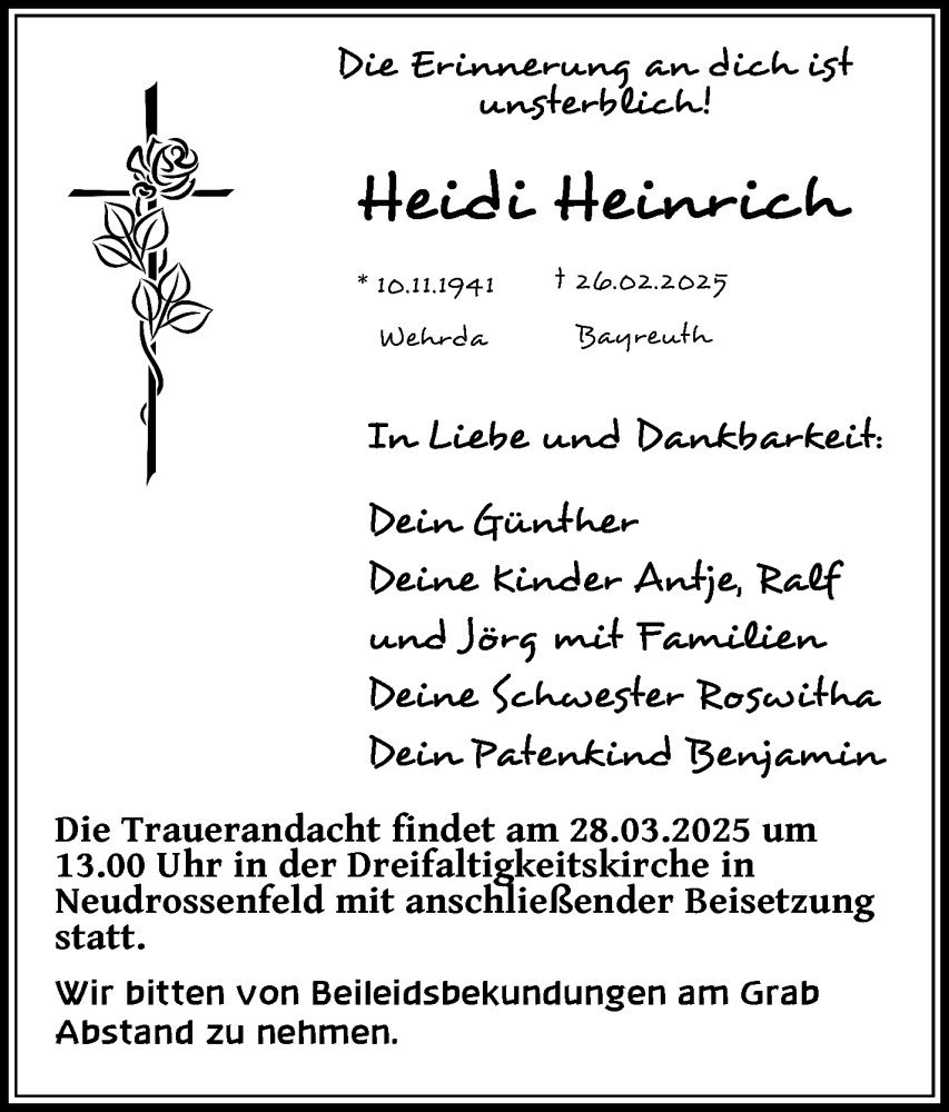  Traueranzeige für Heidi Heinrich vom 22.03.2025 aus Frankenpost