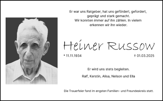 Traueranzeige von Heiner Russow von Neue Presse Coburg