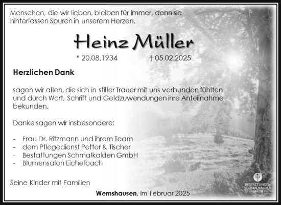 Traueranzeige von Heinz Müller von Südthüringer Presse