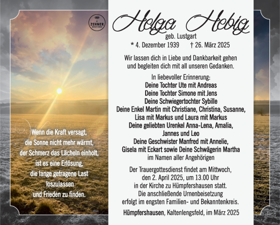 Traueranzeige von Helga Hebig von Südthüringer Presse
