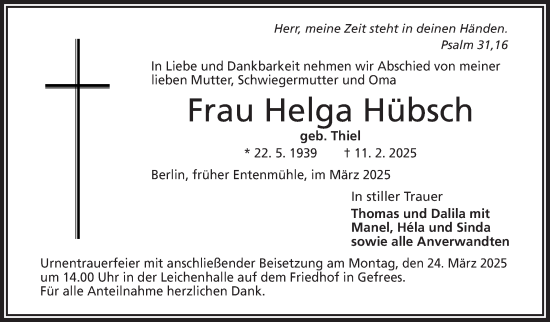 Traueranzeige von Helga Hübsch von Frankenpost