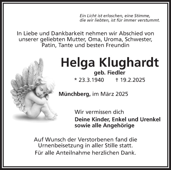 Traueranzeige von Helga Klughardt von Frankenpost