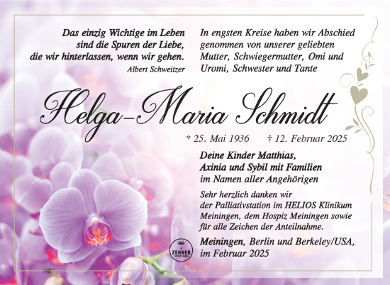 Traueranzeige von Helga-Maria Schmidt von Südthüringer Presse