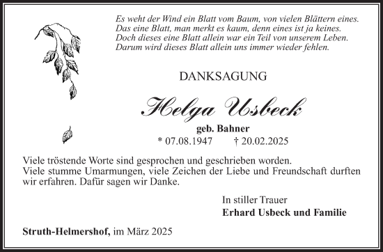 Traueranzeige von Helga Usbeck von Südthüringer Presse