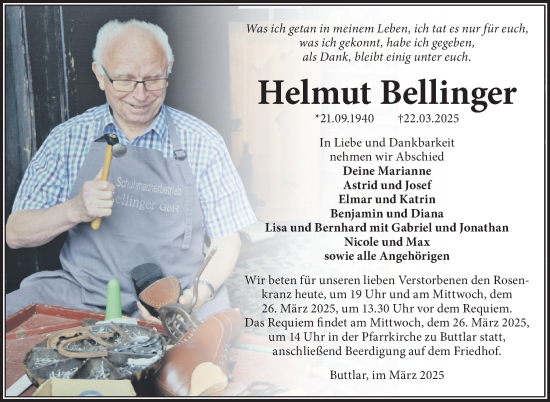 Traueranzeige von Helmut Bellinger von Südthüringer Presse