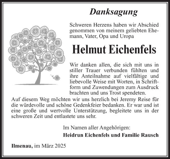Traueranzeige von Helmut Eichenfels von Südthüringer Presse