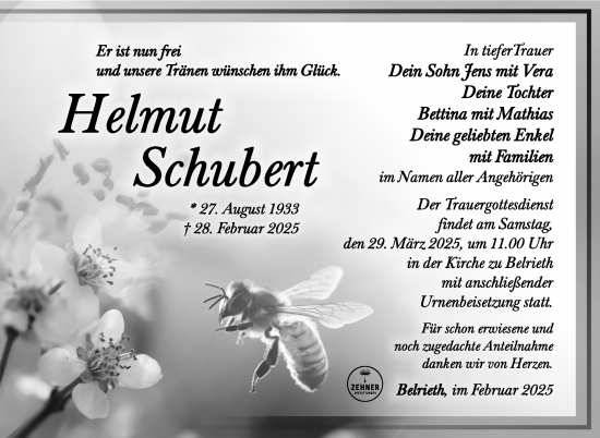 Traueranzeige von Helmut Schubert von Südthüringer Presse