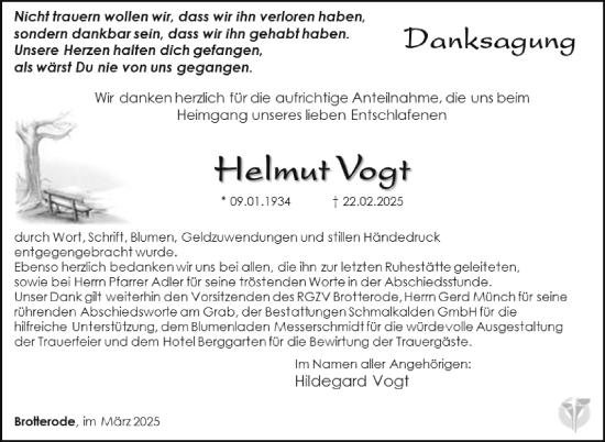 Traueranzeige von Helmut Vogt von Südthüringer Presse