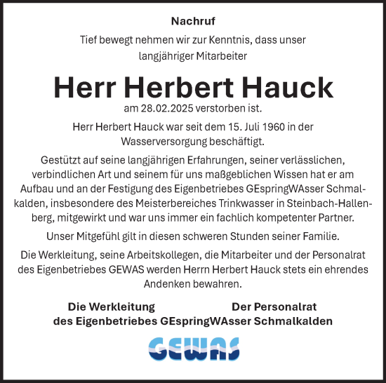 Traueranzeige von Herbert Hauck von Südthüringer Presse