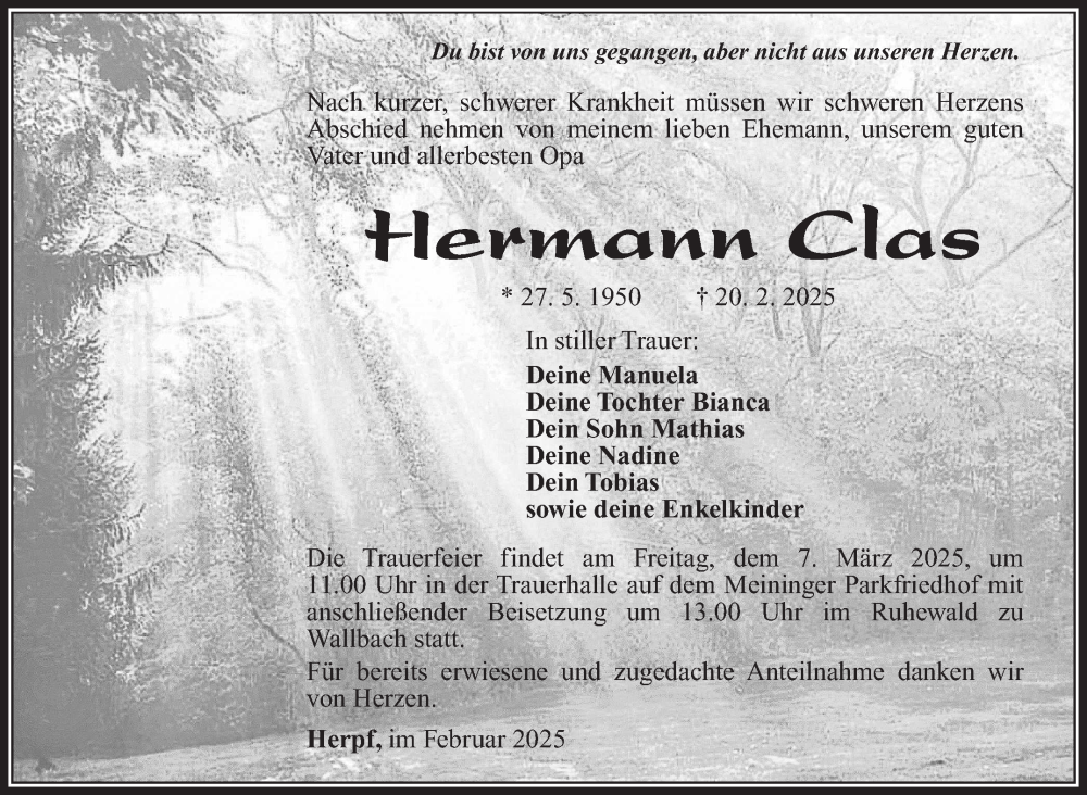 Traueranzeige für Hermann Clas vom 04.03.2025 aus Südthüringer Presse