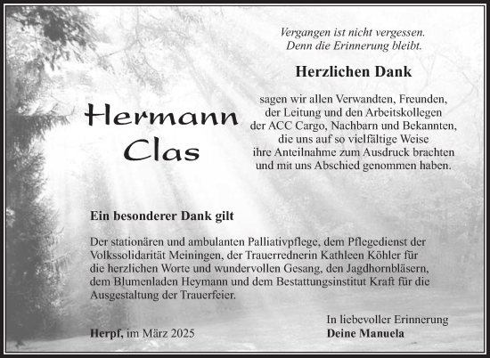 Traueranzeige von Hermann Clas von Südthüringer Presse