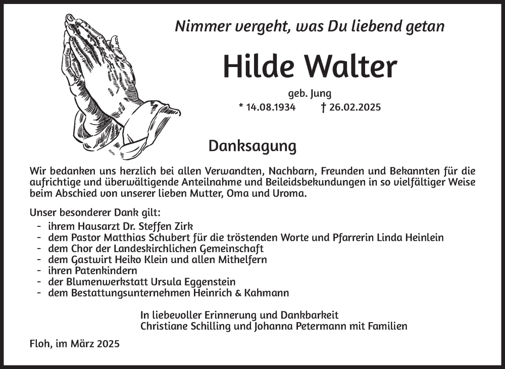  Traueranzeige für Hilde Walter vom 22.03.2025 aus Südthüringer Presse