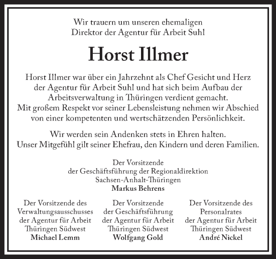 Traueranzeige von Horst Illmer von Südthüringer Presse