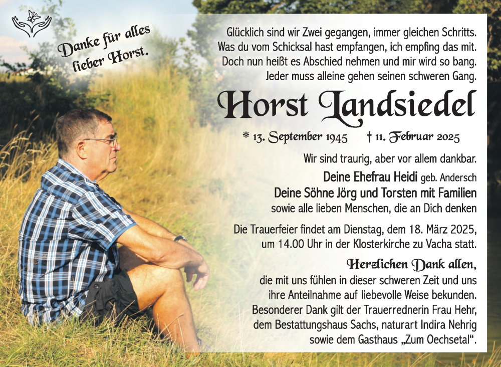  Traueranzeige für Horst Landsiedel vom 08.03.2025 aus Südthüringer Presse