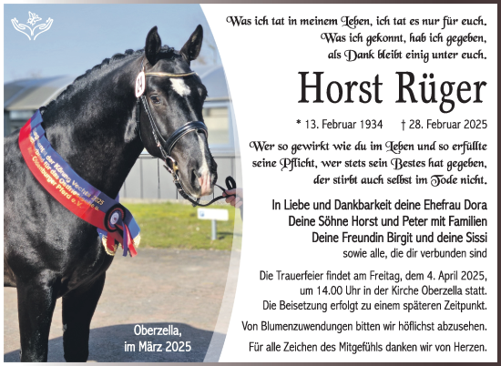 Traueranzeige von Horst Rüger von Südthüringer Presse