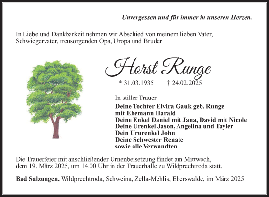Traueranzeige von Horst Runge von Südthüringer Presse