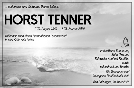 Traueranzeige von Horst Tenner von Südthüringer Presse