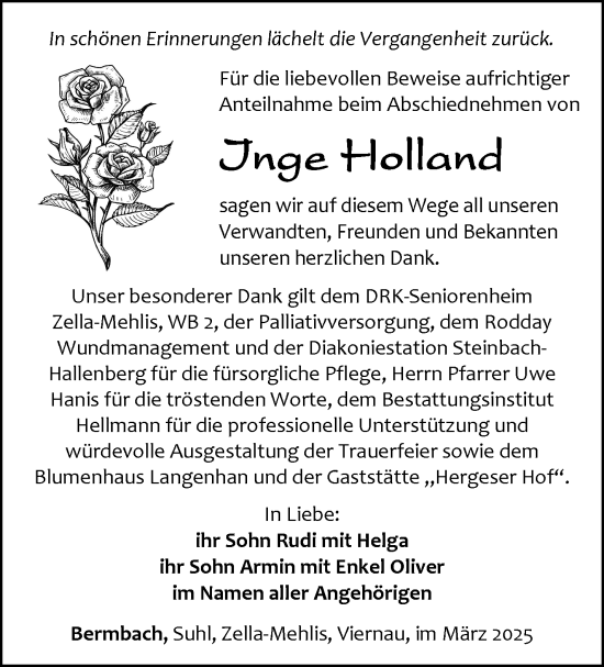 Traueranzeige von Inge Holland von Südthüringer Presse