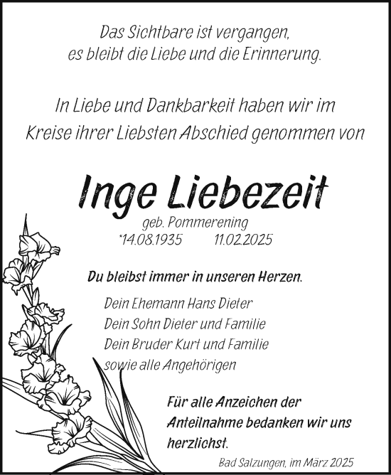 Traueranzeige von Inge Liebezeit von Südthüringer Presse