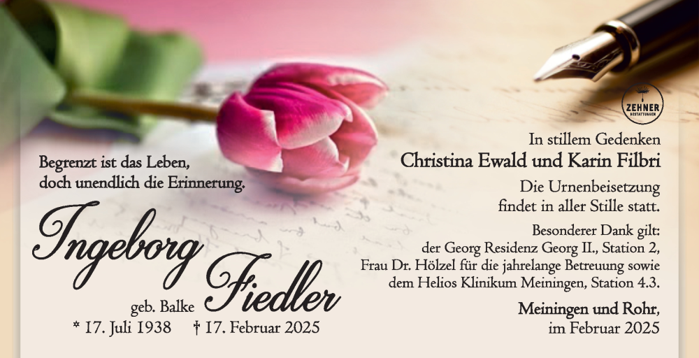  Traueranzeige für Ingeborg Fiedler vom 07.03.2025 aus Südthüringer Presse