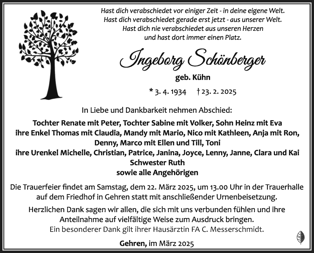  Traueranzeige für Ingeborg Schönberger vom 14.03.2025 aus Südthüringer Presse