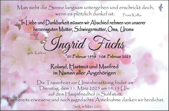 Traueranzeige von Ingrid Fuchs von Südthüringer Presse