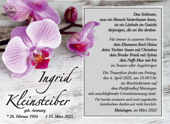 Traueranzeige von Ingrid Kleinsteiber von Südthüringer Presse