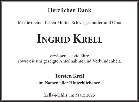 Traueranzeige von Ingrid Krell von Südthüringer Presse