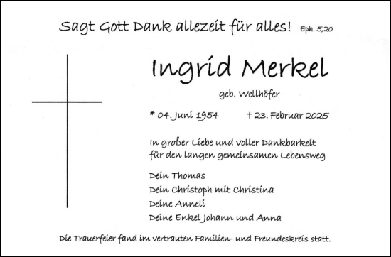 Traueranzeige von Ingrid Merkel von Frankenpost