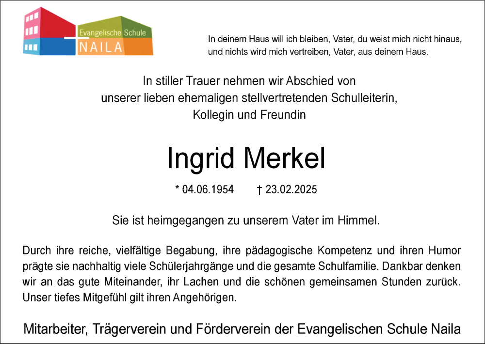  Traueranzeige für Ingrid Merkel vom 08.03.2025 aus Frankenpost