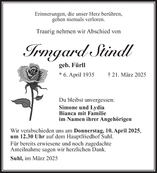 Traueranzeige von Irmgard Stindl von Südthüringer Presse