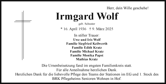 Traueranzeige von Irmgard Wolf von Frankenpost