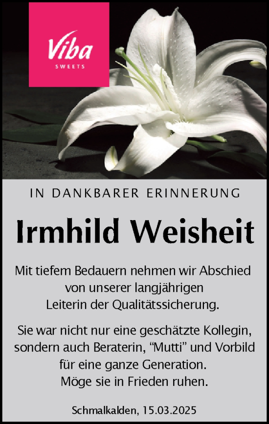 Traueranzeige von Irmhild Weisheit von Südthüringer Presse