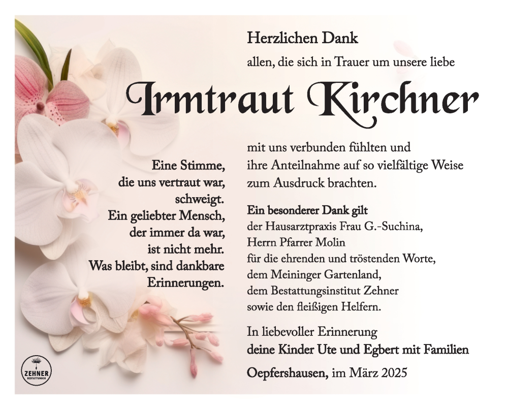  Traueranzeige für Irmtraud Kirchner vom 08.03.2025 aus Südthüringer Presse