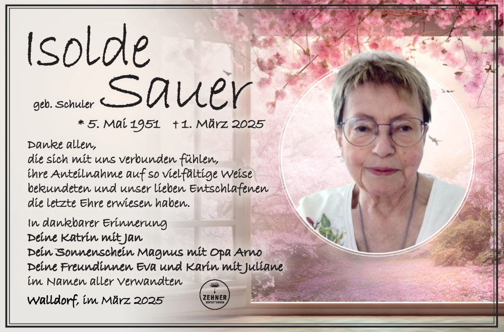  Traueranzeige für Isolde Sauer vom 29.03.2025 aus Südthüringer Presse