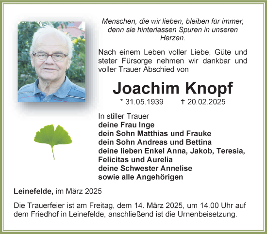 Traueranzeige von Joachim Knopf von Südthüringer Presse