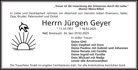 Traueranzeige von Jürgen Geyer von Frankenpost