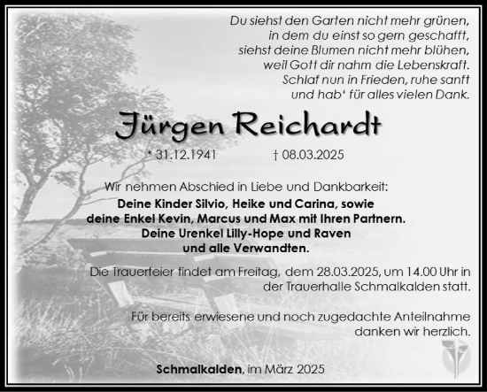 Traueranzeige von Jürgen Reichardt von Südthüringer Presse