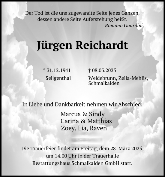 Traueranzeige von Jürgen Reichardt von Südthüringer Presse
