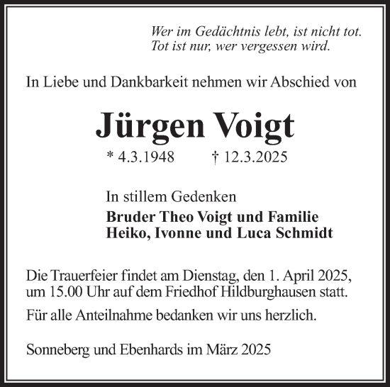 Traueranzeige von Jürgen Voigt von Südthüringer Presse